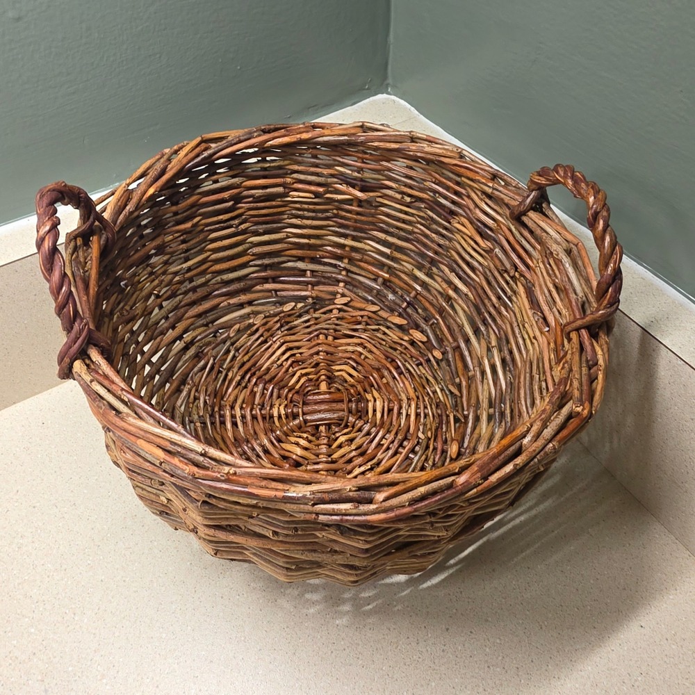 Wicker Storage Basket 9x4" Brown Rustic Twig Weave with Handles